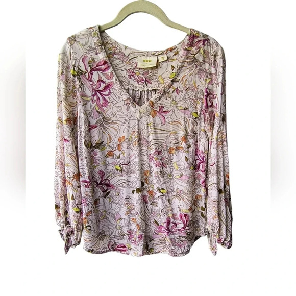 Maeve by Anthropology Floral Pernille Drape Tie Sleeves Boho Peasant Blouse, XS - Picture 1 of 7